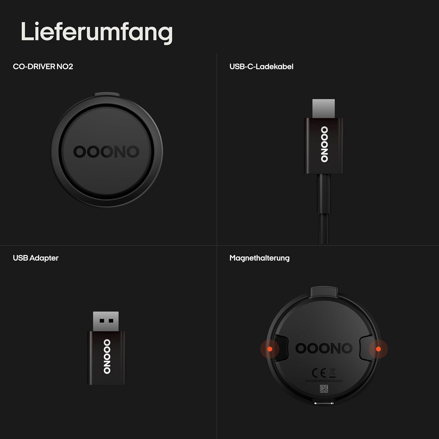 OOONO Co-Driver NO2 - Neueste Technologie 2025 für sicheres Fahren - Warnsystem für Tempo-Kontrollen und Gefahrenstellen - Wiederaufladbar mit LED-Anzeige - Kompatibel mit Apple CarPlay und Android Auto