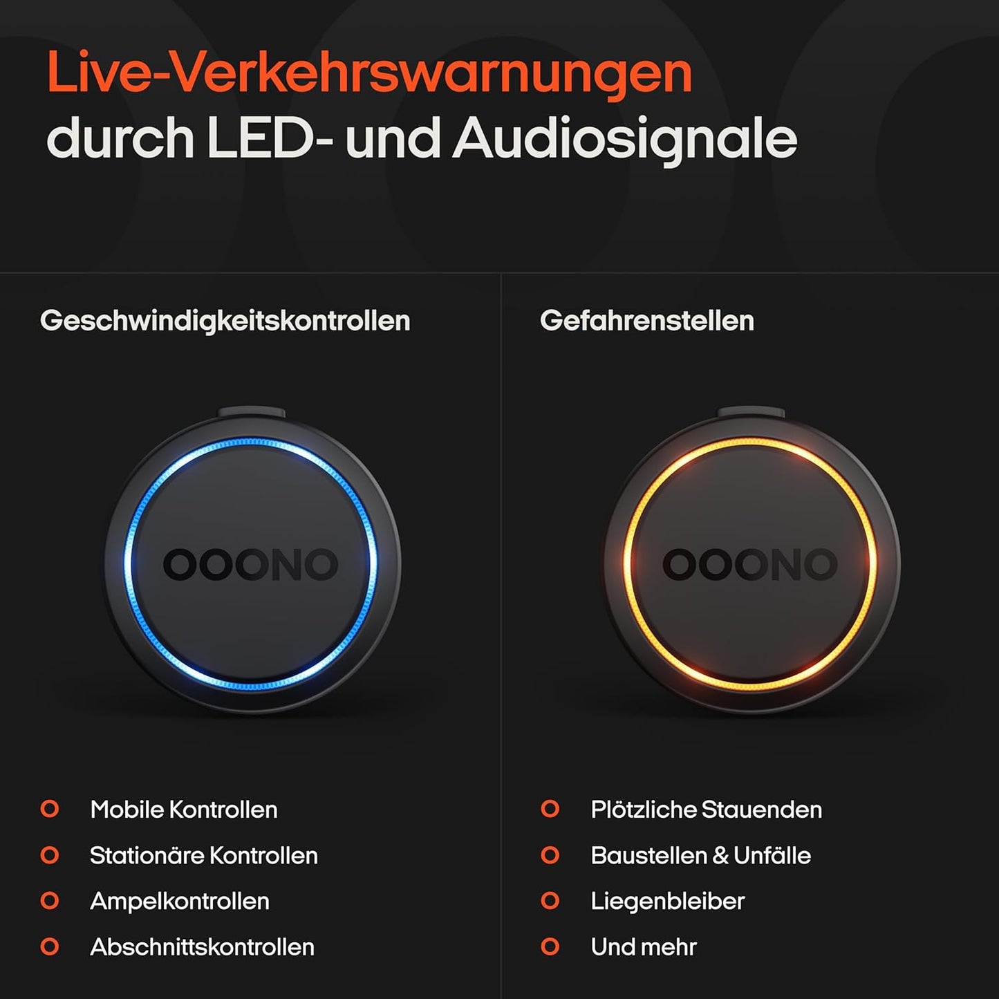 OOONO Co-Driver NO2 - Neueste Technologie 2025 für sicheres Fahren - Warnsystem für Tempo-Kontrollen und Gefahrenstellen - Wiederaufladbar mit LED-Anzeige - Kompatibel mit Apple CarPlay und Android Auto
