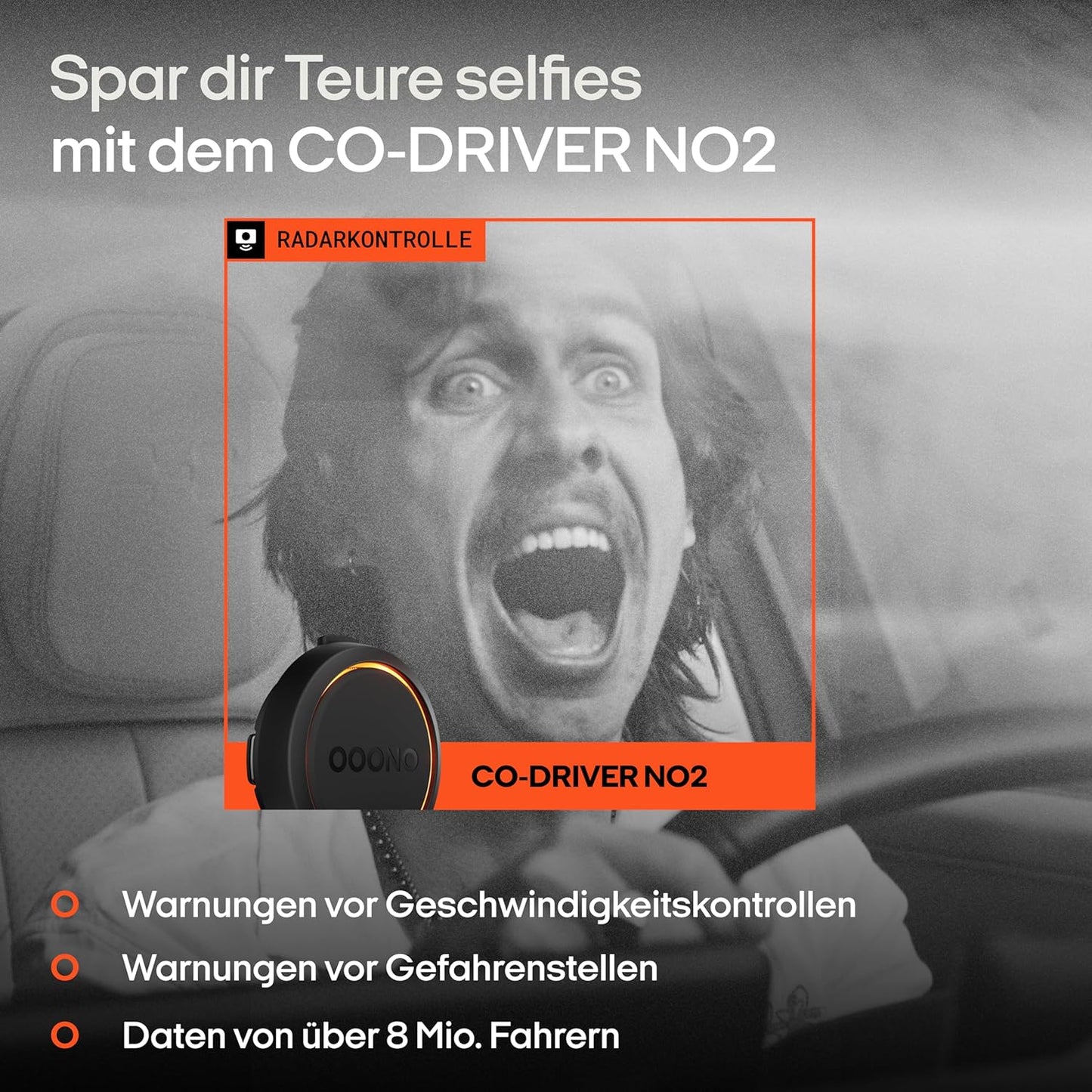 OOONO Co-Driver NO2 - Neueste Technologie 2025 für sicheres Fahren - Warnsystem für Tempo-Kontrollen und Gefahrenstellen - Wiederaufladbar mit LED-Anzeige - Kompatibel mit Apple CarPlay und Android Auto