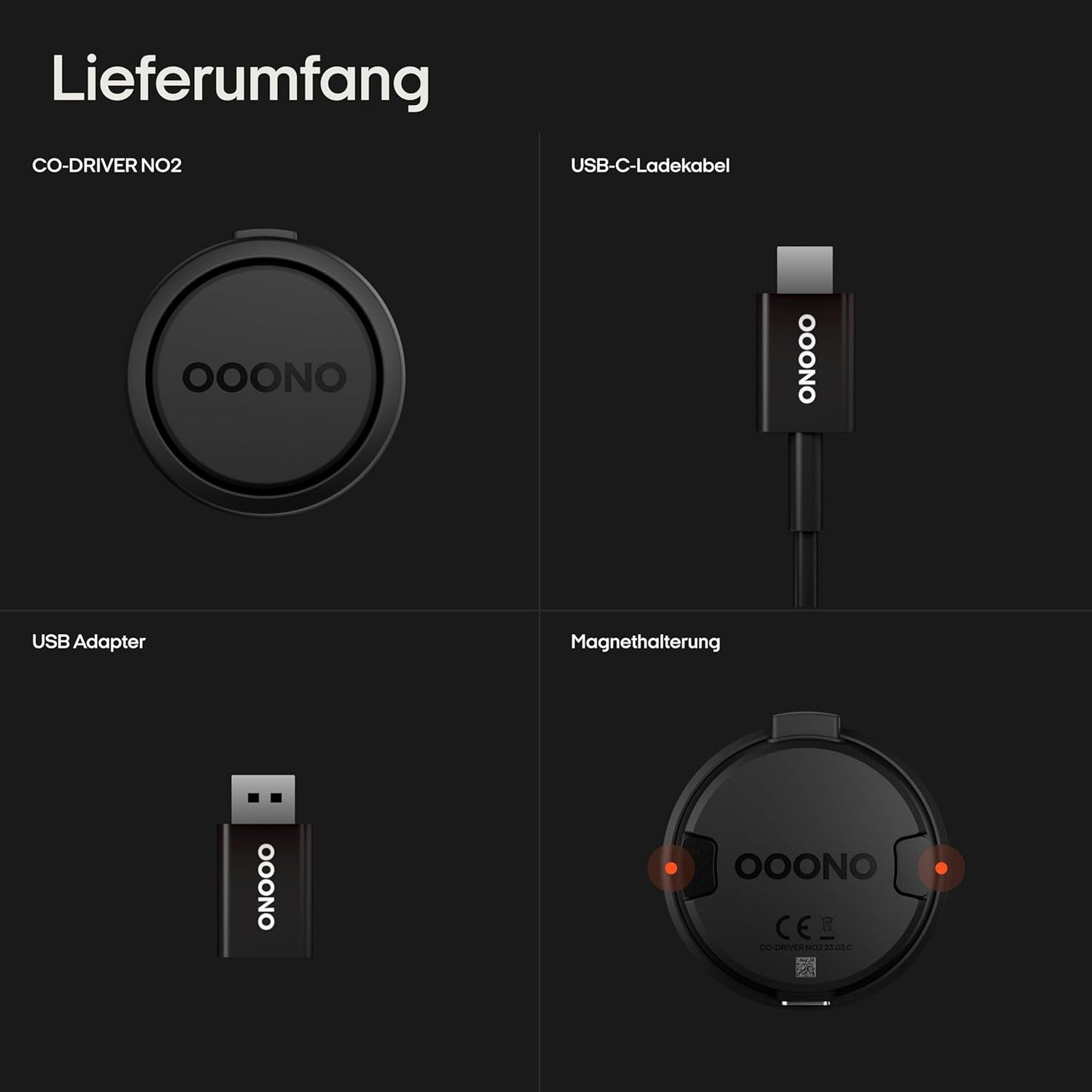 OOONO Co-Driver NO2 - Neueste Technologie 2025 für sicheres Fahren - Warnsystem für Tempo-Kontrollen und Gefahrenstellen - Wiederaufladbar mit LED-Anzeige - Kompatibel mit Apple CarPlay und Android Auto