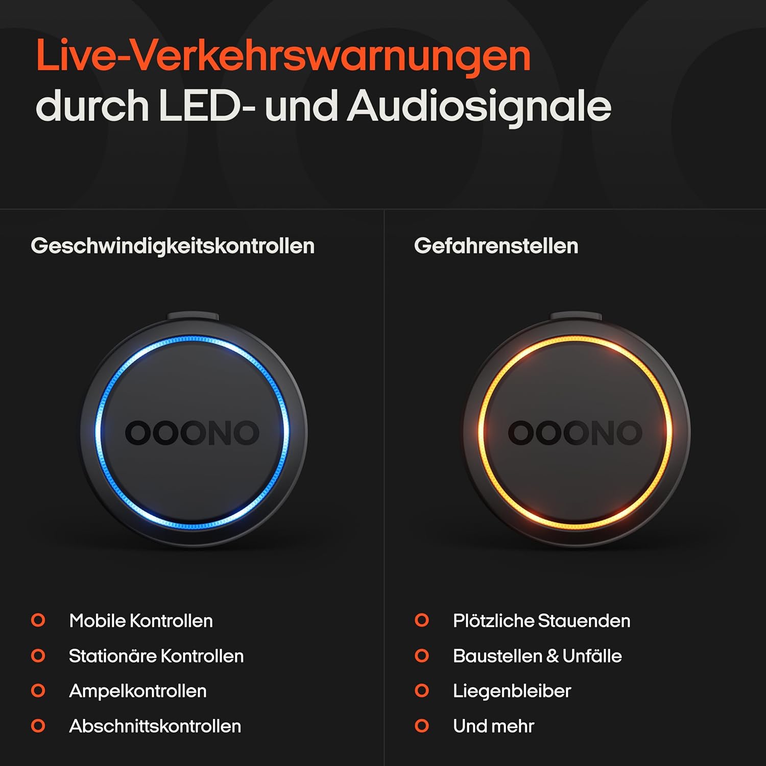 OOONO Co-Driver NO2 - Neueste Technologie 2025 für sicheres Fahren - Warnsystem für Tempo-Kontrollen und Gefahrenstellen - Wiederaufladbar mit LED-Anzeige - Kompatibel mit Apple CarPlay und Android Auto