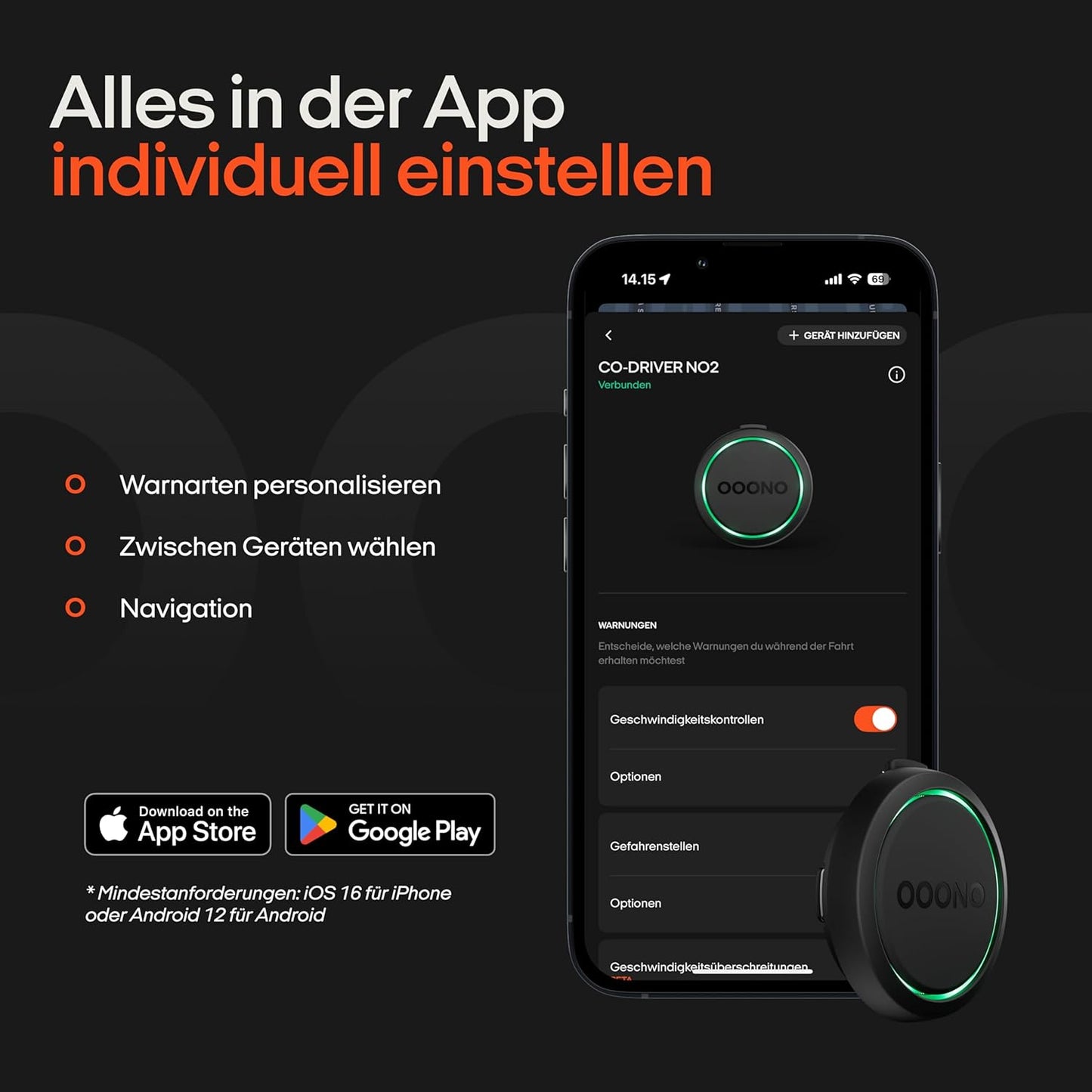 OOONO Co-Driver NO2 - Neueste Technologie 2025 für sicheres Fahren - Warnsystem für Tempo-Kontrollen und Gefahrenstellen - Wiederaufladbar mit LED-Anzeige - Kompatibel mit Apple CarPlay und Android Auto