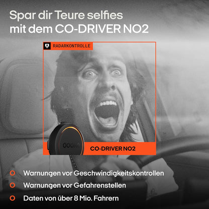 OOONO Co-Driver NO2 - Neueste Technologie 2025 für sicheres Fahren - Warnsystem für Tempo-Kontrollen und Gefahrenstellen - Wiederaufladbar mit LED-Anzeige - Kompatibel mit Apple CarPlay und Android Auto